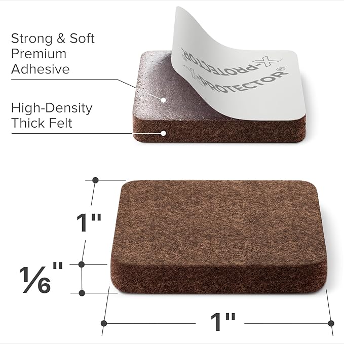 X-PROTECTOR Felt Furniture Pads - 48 PCS 1" - Felt Pads Floor Protectors - Chair Felt Pads - Felt Pads for Furniture Feet - Furniture Pads for Hardwood Floors - Protect Your Floors! (Brown, Square)