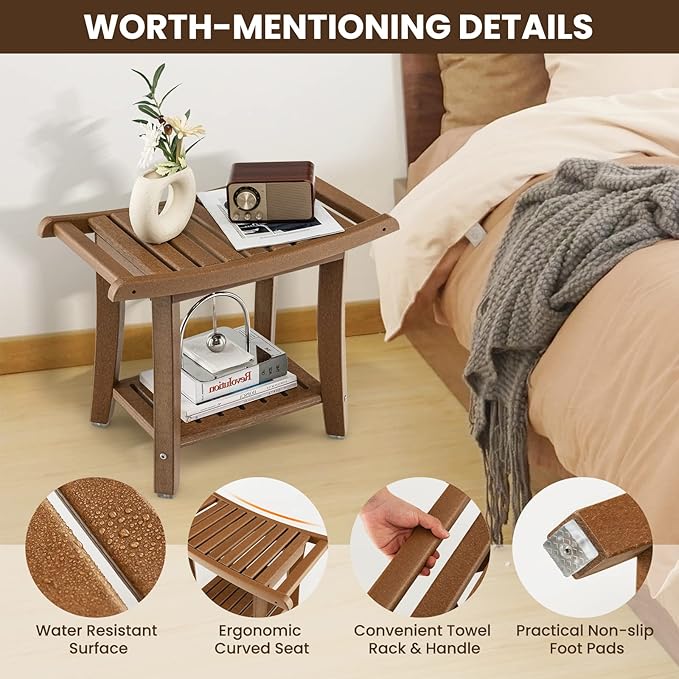 GOFLAME 2-Tier Shower Bench, Spa Bath Shower Stool with Curved Seat, 2 Easy-to-Grip Handles, Storage Shelf & Non-Slip Foot Pads, Waterproof Shower Chair for Bathroom, Living Room, Entryway, Brown