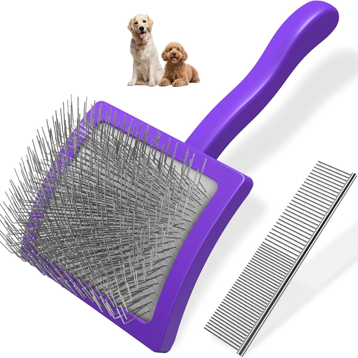 2PCS Slicker Brush for Dogs & Pet Comb,Professional Dog Grooming Brush (Goldendoodles,Poodles,Labradoodles) with Extra Long Pins to Effectively Remove Tangles, Knots and Mats (Purple)