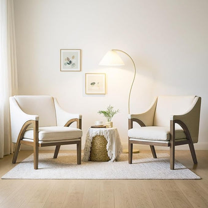 CIMOTA Mid Century Modern Accent Chairs Set of 2 with Barrel Back, Upholstered Armchair Comfy Reading Chairs with High-Rebound Foam Seat, Solid Wood Legs for Living Room/Bedroom, Linen Fabric, Beige