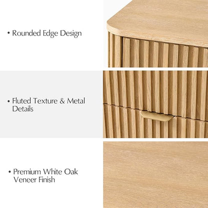 Fluted Nightstand with 3 Drawers, Modern End Table with Charging Station, USB Type-C Ports & Metal Frame for Bedroom,Natural