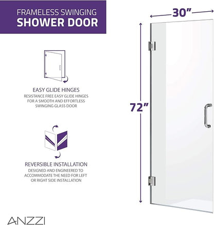ANZZI 72" x 30" Frameless Shower Door in Polished Chrome, Water Repellent Glass