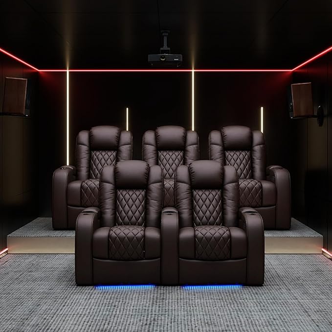 Weilianda Home Theater Seating Top Grain Leather Zero Gravity Recliner Chair Power Headrest Recline Movie Seat Gaming 7 Colors Mood Light Sofa with Tray Table USB Charge Row of 3 Loveseat Right Brown