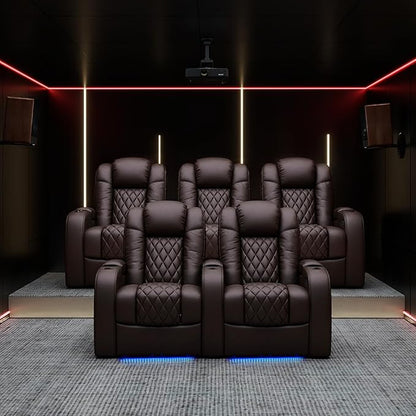 Weilianda Home Theater Seating Top Grain Leather Zero Gravity Recliner Chair Power Headrest Recline Movie Seat Gaming 7 Colors Mood Light Sofa with Tray Table USB Charge Row of 3 Loveseat Right Brown