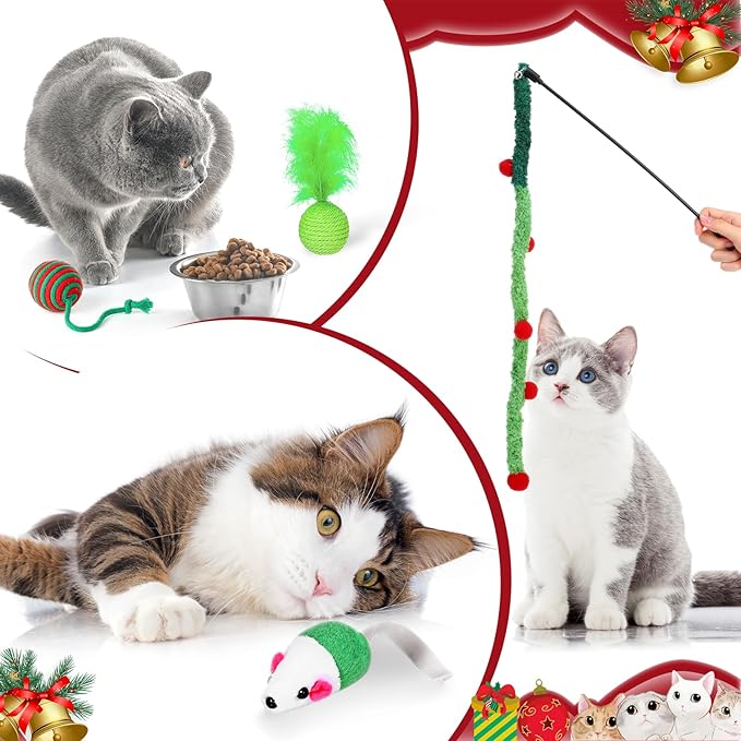 24 Pcs Cat Toys Set Interactive Kitten Toys Pack Including Collapsible Play Tunnel Feather Teaser Wand Fuzzy Ball Springs Pillow Mouse Bells for Indoor Cats Puppy (Green Red,Christmas)