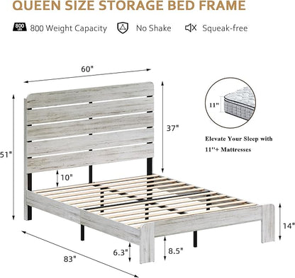 Rustic White Queen Size Wooden Bed Frame with Farmhouse Headboard, Solid Wood Platform Bed with Wood Slats, Noise-Free Structure, No Box Spring Needed