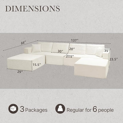 137” Modular Sectional Sofa Couch, 4-Seater U-Shape Sofa with Ottoman, Memory Foam Compressed Sofa, Free Combination Couch for Living Room,No Assembly Needed (White, 4 Seats+ 2 Ottoman)