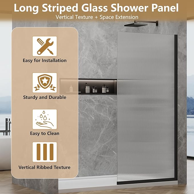 36"x76" Fixed Glass Shower Door, 3/8" Thick Fluted Privacy Tempered Glass