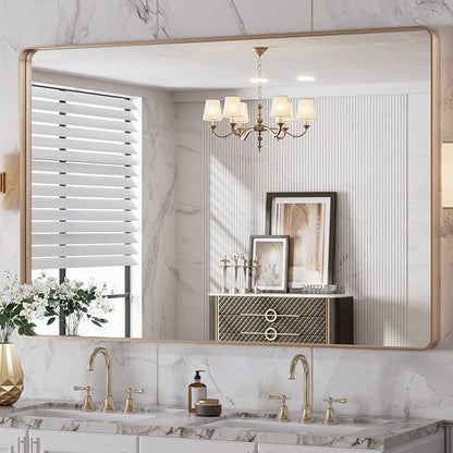 LOAAO 48”X32” Gold Bathroom Mirror, Rounded Rectangle Gold Frame Mirror