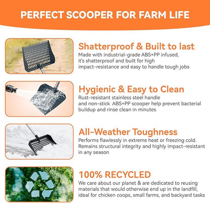Chicken Poop Scooper & Rake 2-in-1, Pooper Scooper with 13in Wider PP Head & Adjustable Stainless Steel Handle, 33''-69'' Sand Sifting Shovel Litter Scooper for Chicken Coop/Small Farm Animals, Gray