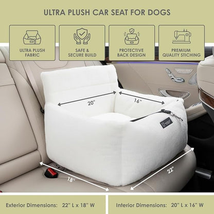 NANDOG Luxury Dog Car Seat Bed for Medium Dogs, Cloud Ultra Plush Pet Seat with Removable & Washable Cushion Insert, Thick Safety Seatbelt Straps, Secure Travel Carrier, Pearl White, 22" L x 18" W