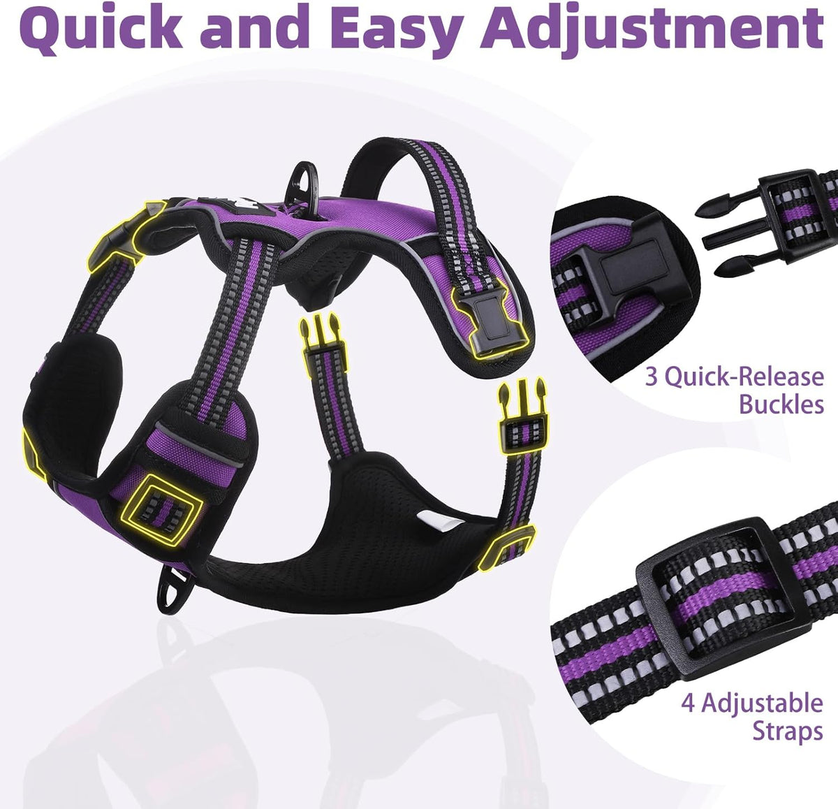 PUPTECK No Pull Dog Harness for Large, Adjustable Reflective Dog Harness with Handle Easy Control, Comfortable Soft Padded Pet Vest Harness for Extra Large Dogs, Solid Purple XL