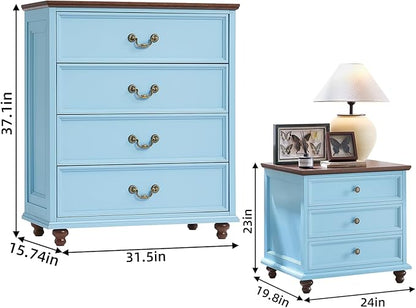 Farmhouse Furniture Sets, 24" Wide Farmhouse Nightstand Set of 2, 37" Tall Rustic Chests of Drawers w/ 4 Solid Wood Feet for Bedroom, LightBlue