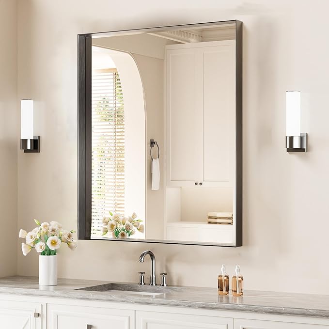 Koonmi 24x36 Inch Black Metal Framed Bathroom Mirror
