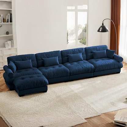 166" Oversized L Shaped Sectional Sofa, 4 Seater Modular Velvet Cloud Couch with Ottoman, Blue Large Fluffy Couch Set for Living Room