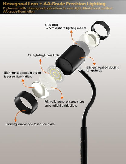 Dual-Side Floor Lamp for Living Room, 17W Tall Standing LED Lamp with Remote, 5 Color Temps & RGB Ambient Modes, Dimmable Reading Lamp with Gooseneck, Modern Black Corner Lamp for Bedroom Home Office