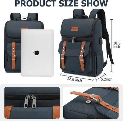 YALUNDISI Vintage Backpack Travel Laptop Backpack with usb Charging Port for Women & Men College Backpack Fits 15.6 Inch Laptop Blue Brown