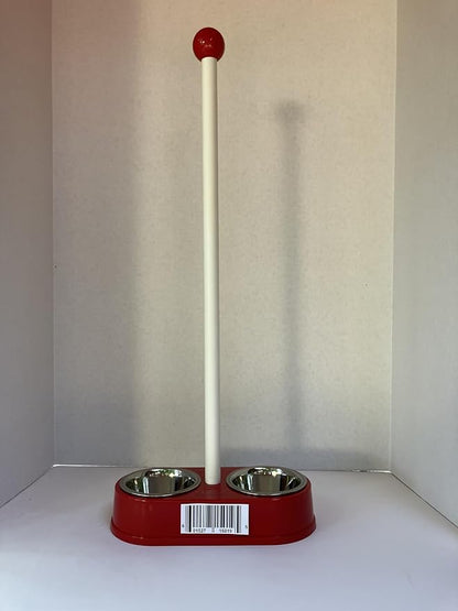 Double Diner for Cats & Dogs, 27-Inch Tall Pet Feeding Station with Long Detachable Handle, Removable Stainless Steel Bowls, Easy Grip, Sturdy & Durable, Ideal for Small to Medium Pets, Bright Red