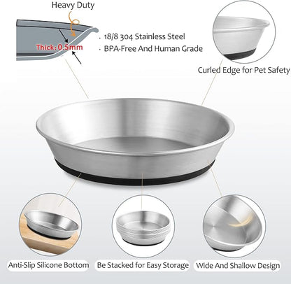 WROSWT Stainless Steel Cat Bowls,Whisker Friendly Shallow Cat Dishes for Food and Water,Non-Slip Silicone Bottom,Heavy Duty,Replacement Kitten Metal Plate for Elevated Stands,2 Pack