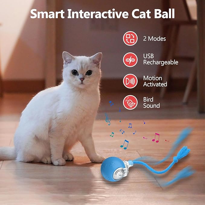Interactive Cat Toys, Automatic Moving Cat Toys for Bored Indoor Adult Cats, Fast Rolling, Chirping & Motion-Activated Kitty Toys, Fun Gift for Cats with Speedy Tail 2.0, USB Rechargeable, Blue
