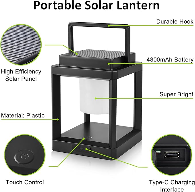 Outdoor Table Lamp, LED Solar Outdoor Lantern, Portable Rechargeable Solar Lamp Waterproof, Touch Control Outdoor Lamps Cordless Lights Decorative for Patio Family Camp/ Reading/ Camping