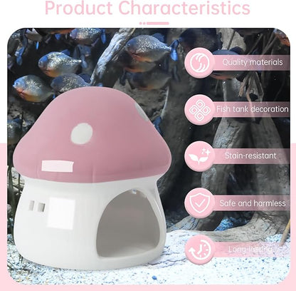 AnRui Ceramic Mushroom Aquarium Decor Cute Mini House Betta Fish Tank Accessories Decoration Hideaway Hideout Cave Ornament for Small Fish, Shrimp, Goldfish and Reptiles (Pink, Large)