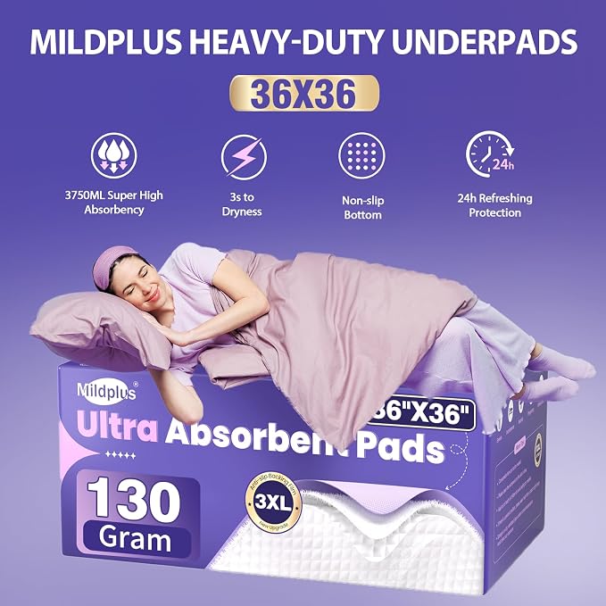 MILDPLUS Disposable Underpads 36"x36", 50 Count (Purple) | 130 Grams Heavy Duty Bed Pads, Anti-Slip Film, Extra Large Chucks Pads, 3XL Thicker Incontinence Pads for Adults, Kids or Pet
