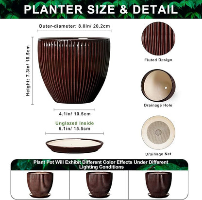 8 Inch Flower Pot, Ceramic Planters with Drainage Hole and Plant Saucer, Round Planters for Indoor Plants, Modern Plant Pot, Decorative Planter, Home Entryway Decor, Women Men Gifts, Brown
