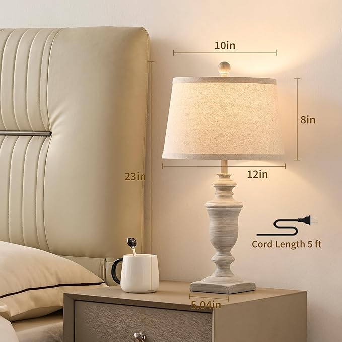 23" Farmhouse Table Lamps Set of 2, 3 Way Dimmable Lamps with 2 LED Bulbs and Rocker Switch, Vintage Nightstand Lamp for Bedroom Living Room Office End Table Entryway, Antique Grey