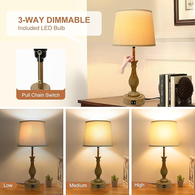 Farmhouse Table Lamp 3-Way Dimmable Table Lamp, Modern Nightstand Lamp with 2 USB Port Pull Chain Bedside Desk Lamp with Fabric Shade for Living Room Bedroom Hotel (Pack 1-Beige Shade & Pull Chain)