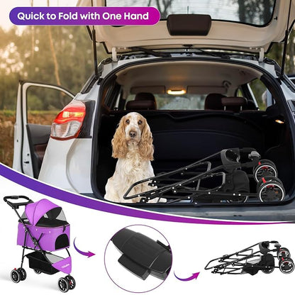 Pet Stroller,Dog Stroller for Small Medium Dogs Cats,3 Wheels,Purple | Foldable,with Breathable Mesh Canopy,Cup Holders,Easy Assembly