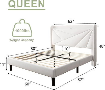 Feonase Queen Size Bed Frame with Charging Station, Velvet Upholstered Platform Bed Frame with Wingback Storage Headboard, Solid Wood Slats Support, No Box Spring Needed, Noise Free, White