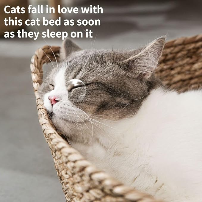 Cat Bed, Straw Woven Cat Baskets Bed, Round Wicker Cat Basket Nest, Non-Slip Cozy Kitten Bed for Cats Small Dog (with Cushion,Small)
