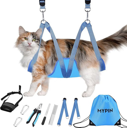 Cat Grooming Hammock, Pet Grooming Harness for Dogs&Cats, Multi Hammock Restraint Bag with Adjustable Grooming Loop/Stainless D-Hooks/Nail Clippers/Trimmer/Nail File for Pet Nail Trimming, Care (XS)