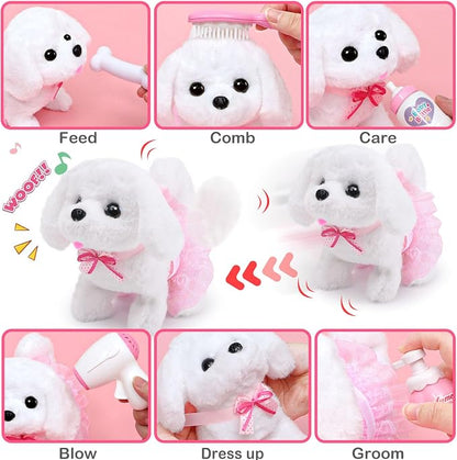 Golray Electronic Toy Dog and Cat for Kids Girls, 10 Pcs Puppy Pet Care Pretend Play Set 16 Pcs Kitten Carrier & Pet Groom Feed Care Set