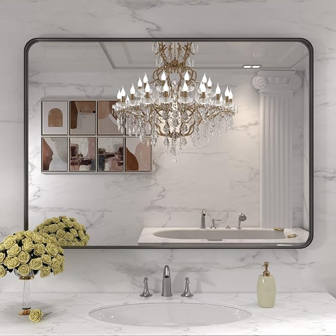 LOAAO 40X32 Inch Black Metal Framed Bathroom Mirror