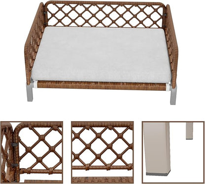 Small Dog Bed, Waterproof Elevated Dog Couch with Washable Removable White Cushion, Boho Rattan Dark Brown Wicker Orthopedic Pet Sofa for Outdoor, Indoor