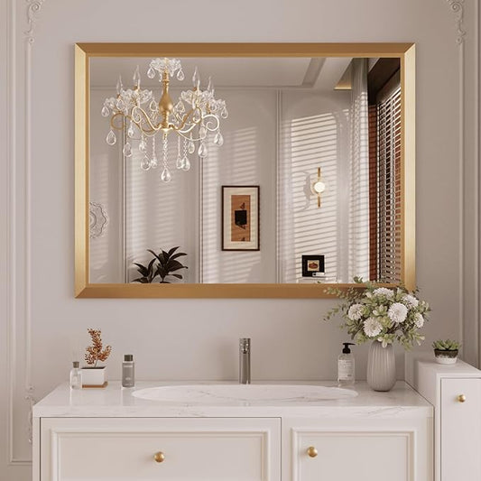Amorho Bathroom Mirror, 48x36 Inch Golden Thick Metal Framed Wall Mirrors
