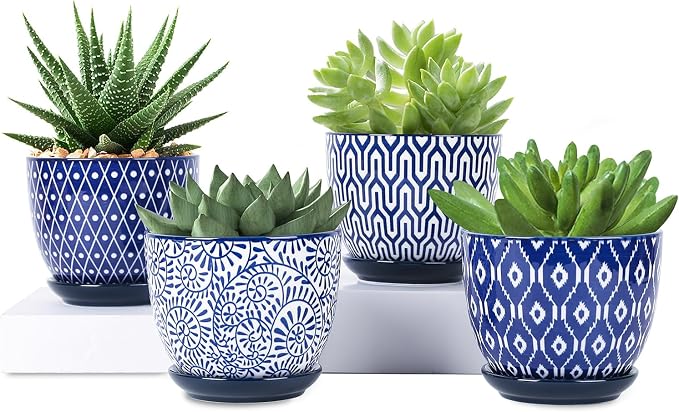 Selamica Ceramic Plant Pots, 4.6 Inch Flower Pots for Indoor Plants, Succulent Pots with Drainage Hole & Saucer, Succulent Planters for Succulent Cactus, Home Decor, Set of 4, Vintage Blue