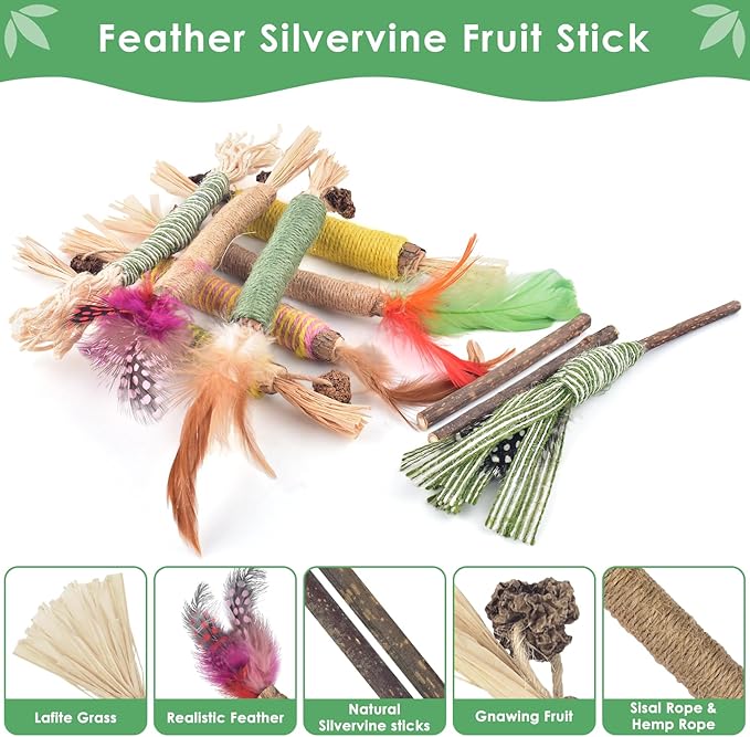 Bissap 16 PCS Silvervine Chew Sticks for Cats, Catnip Chew Sticks Cat Toys for Indoor Cat Kitten Teeth Grinding Interactive Feather Toys for Aggressive Chewers Dental Care