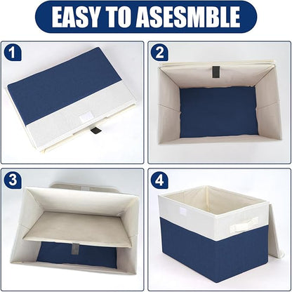 Large 22 Quart Linen Fabric Foldable Storage Bin Cube Organizer Basket with Flip-Top Lid & Handles, Clothes Blanket Box for Home, Office, Closet, Navy Blue & White, 4 Pack 14.6 x 9.5 x 9.5