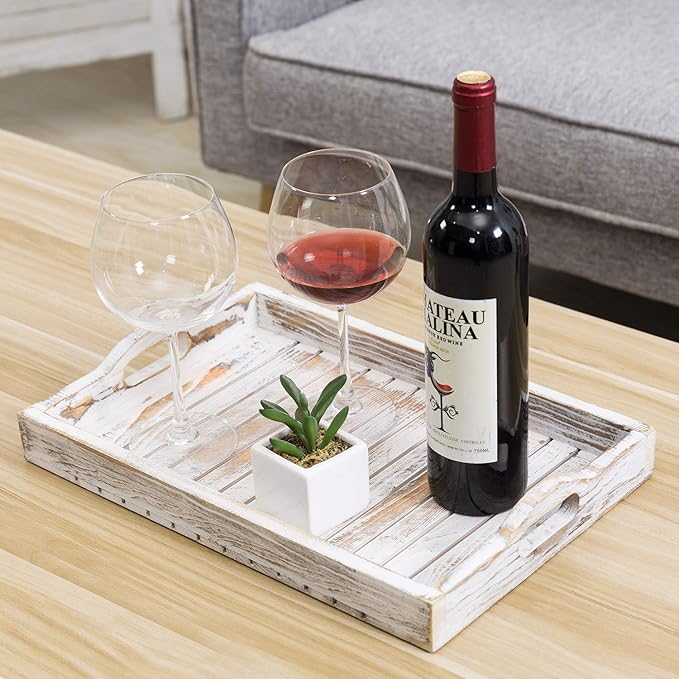 MyGift Shabby Chic Whitewashed Wood Breakfast Serving Tray with Cutout Handles with Slatted Design, Breakfast Ottoman Coffee Table Tray, 16 x 11 Inches