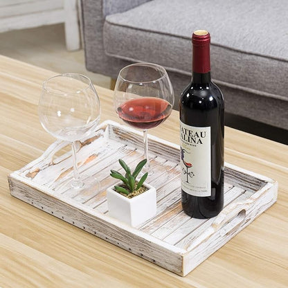 MyGift Shabby Chic Whitewashed Wood Breakfast Serving Tray with Cutout Handles with Slatted Design, Breakfast Ottoman Coffee Table Tray, 16 x 11 Inches