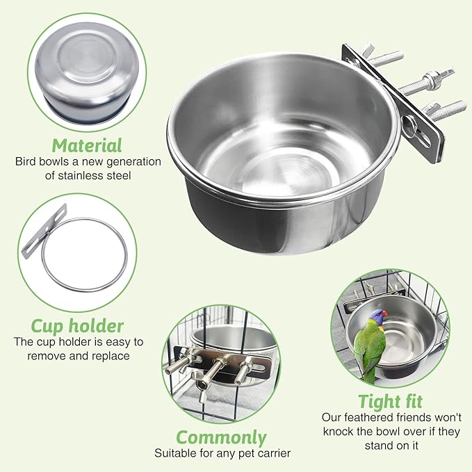 Tfwadmx 2 Pcs Bird Feeding Dish Cups,Parrot Food Bowl Clamp Holder Coop Cup Bird Cage Water Bowl for Parakeet African Greys Conure Cockatiels Lovebird Budgie Chinchilla