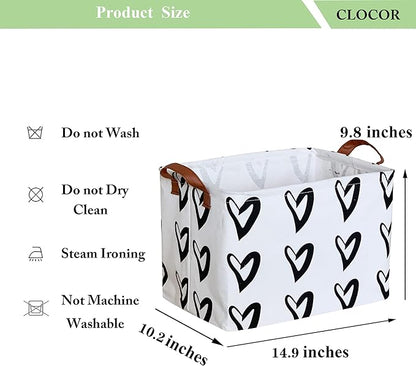 CLOCOR Heart Rectangular Basket, Cute Pattern Storage Bin, Collapsible Waterproof Storage Box with Handles for Kids, Gift Baskets, Shelf Basket (Black Hearts)