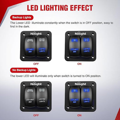 Nilight 16AWG LED Light Bar Wiring Harness Kit-4 Leads | 12V On/Off 2 Gang Laser Etched Pod Lights Rocker Switch Panel Power Relay Fuse 5Pin Toggle for Cars Boat ATV Trucks