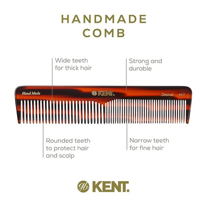 Kent 16T Tortoise Fine and Wide Tooth for Daily Grooming,Handmade Styling Comb for All Hair Types,Wet or Dry Hair Detangling Comb for Men and Women,Saw Cut Hand Polished,Made in England