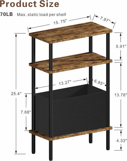 Narrow Side Table with Fabric Basket, End Table for Small Spaces, Slim Nightstand with 3-Tier Storage Shelf, Sofa Beside Table, for Living Room, Bed Room, Rustic Brown