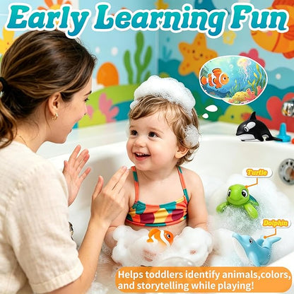 Mold Free Bath Toys - 6 Pcs Ocean Baby Bath Toys for Kids Ages 1-3, No Hole Design Keeps Moisture Out, Toddlers Learn Sea Animals with Bathtub Soft Squeeze Toys, Pool Toy