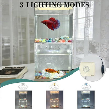 Small Betta Fish Tank, 2-Pack 0.3 Gallon Mini Aquarium with Adjustable Base Light & Gravels & Resin Crystal, Acrylic Fish Bowl for Desk Homes or Offices, Ideal for Beta Fish,Goldfish (White -2 Pack)